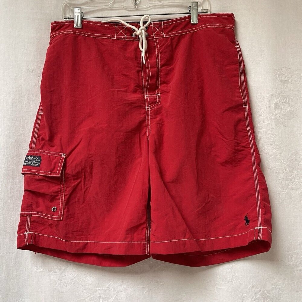 Vintage Polo Ralph Lauren Swim Trunks Mens Large Red Drawstring Nylon Beach